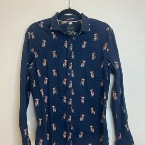 Navy Blue Dress Shirt with Xmas Dog Print